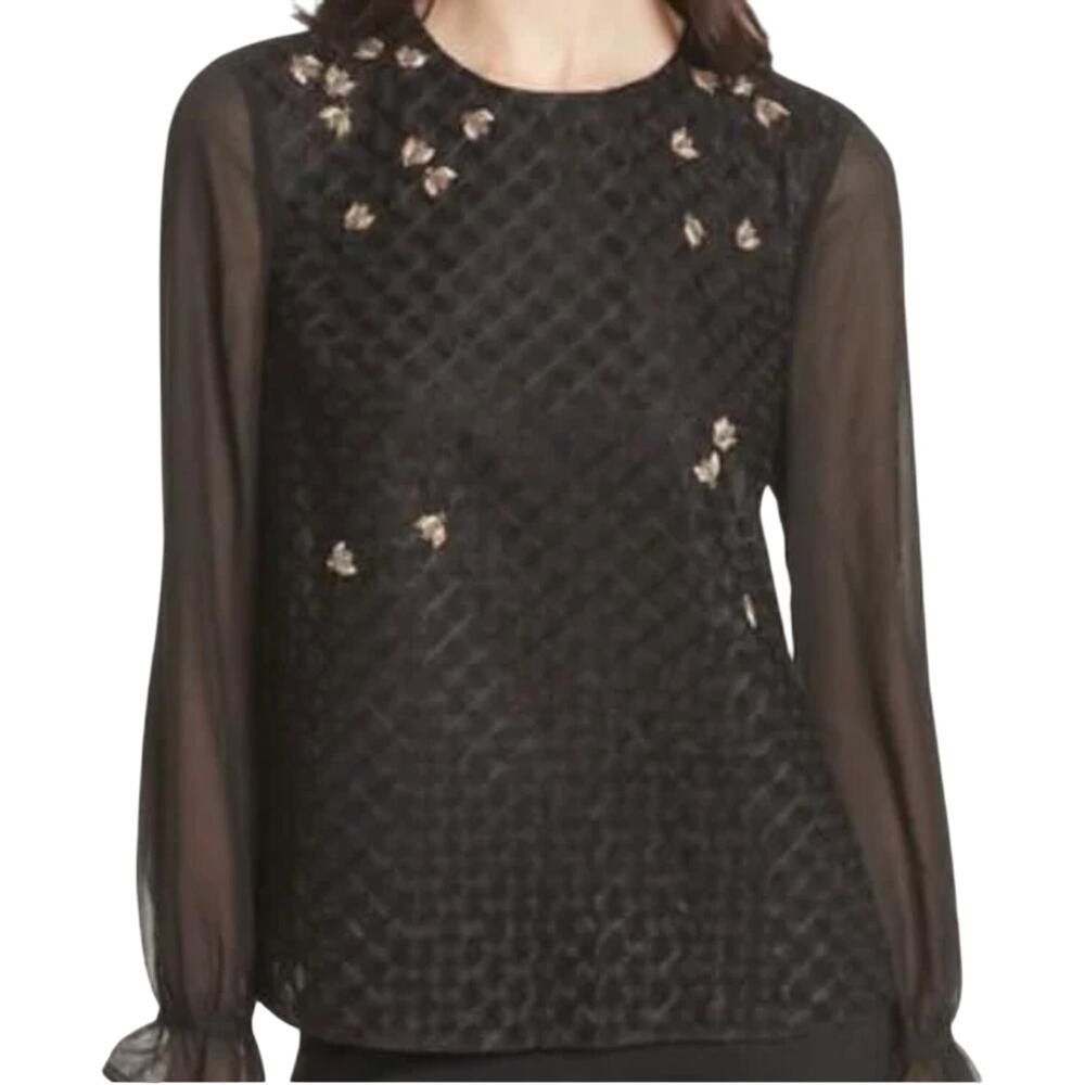 Ted Baker Black Gold Lunaah Queen Bee Sheer Long Sleeve Chiffon Blouse sz 2 / 6